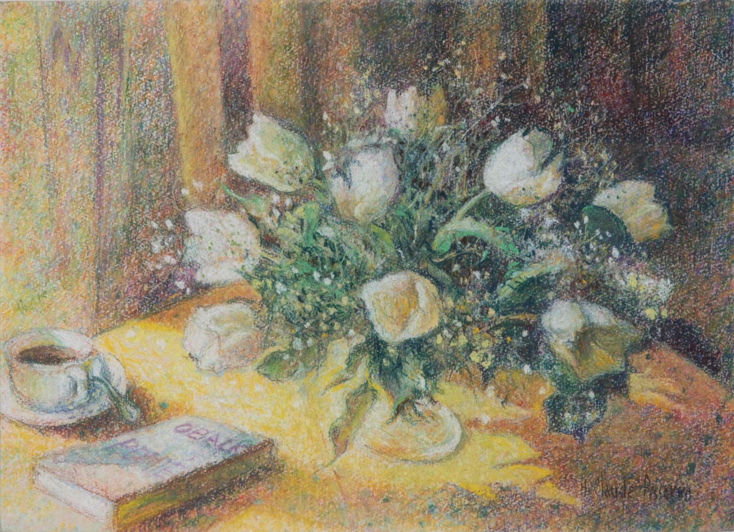 Les tulipes blanches à la tasse de café - H. Claude Pissarro (b. 1935 - )